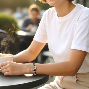 Black Beaded Bracelet with Silver Heart Charm Toggle Clasp 7.5"